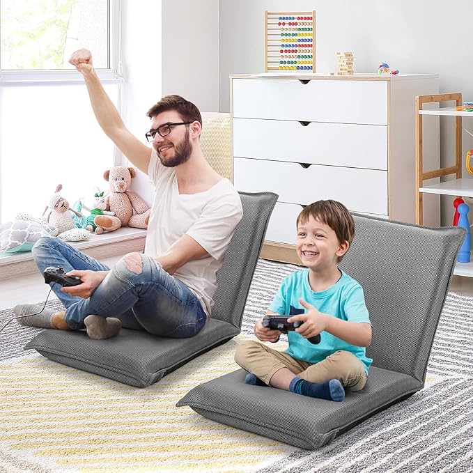 SIMOE Floor Chair with Back Support for Adults &amp Kids 6-Position Adjustable Padded Floor Chair Folding Sofa Chair for Video Gaming Meditation Reading Watching TV Grey