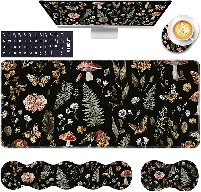 Keyboard Wrist Rest and Mouse Pad with Wrist Support Set Ergonomic CoasterMemory FoamEasy Typing Pain ReliefLarge XL Desk Mat 31.5x 11.8Magic Mushrooms