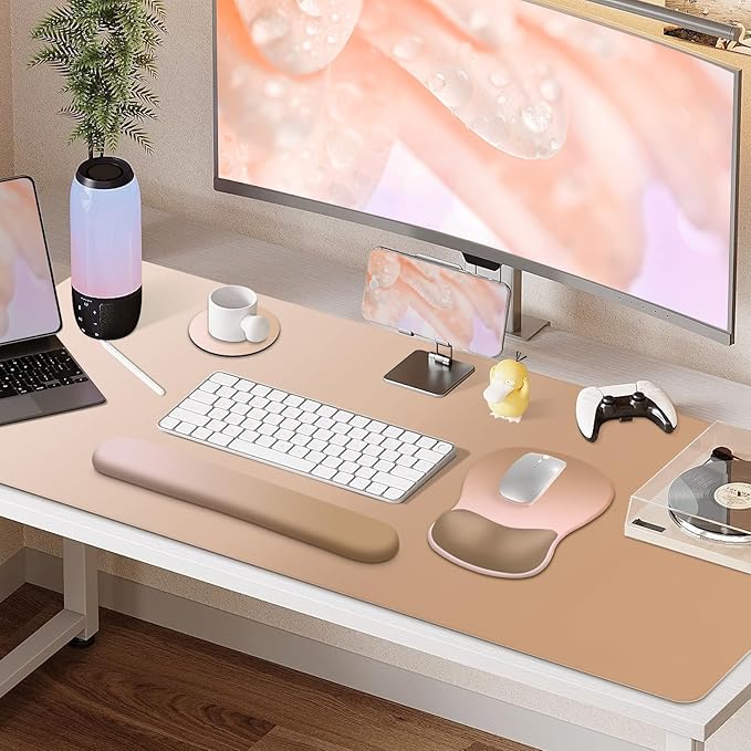 4-in-1 Large Gaming Mouse Pad Keyboard Wrist Rest Pad &amp Wrist Support Mousepad Set Extended Desk Pad Waterproof Desk Mat Protector for Home Office Decor Study Game 35.4×15.7 Inches I Milk Tea Br