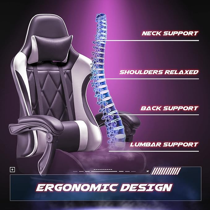 Homall Gaming Chair Computer Chair with Footrest and Massage Lumbar Support Ergonomic High Back Video Game Chair with Swivel Seat and Headrest (White)