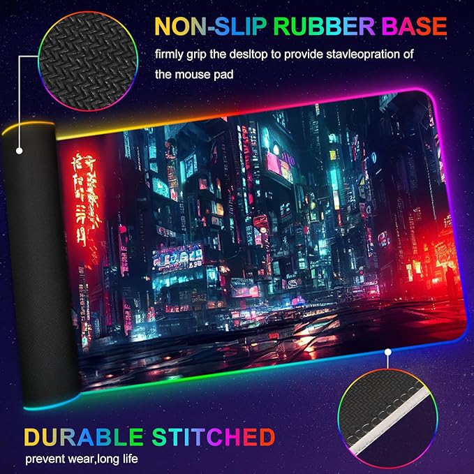 ARTSO RGB Gaming Mouse Pad Large Extended Soft Led Mouse Pad with 14 Lighting Modes 2 Brightness Water Resist Keyboard Pad Computer Mousepads Mat 35.4x15.7inch Night City