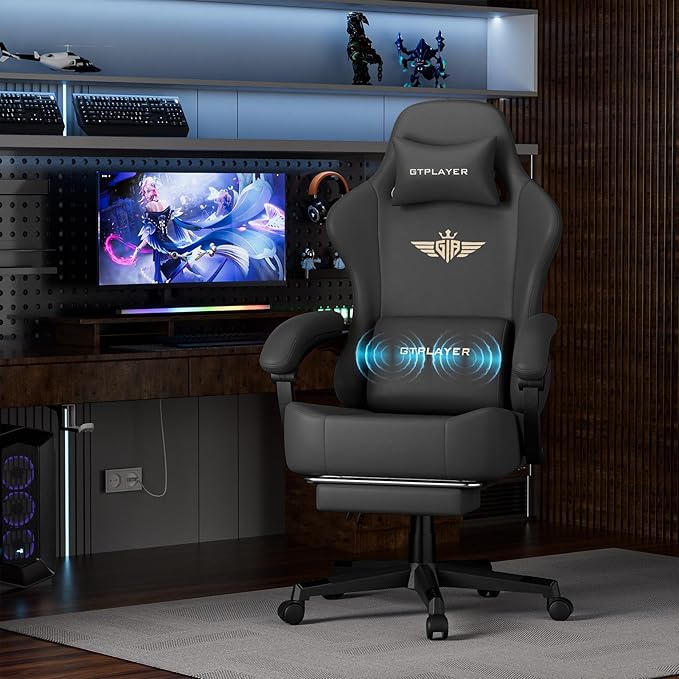 GTPLAYER Gaming Chair with Pocket Spring Cushion Big and Tall Gamings Chairs 350LBS High Back Computer Chair with Footrest for Adults Lumbar Support Swivel Game Chair for OfficeLeather Black-Massage