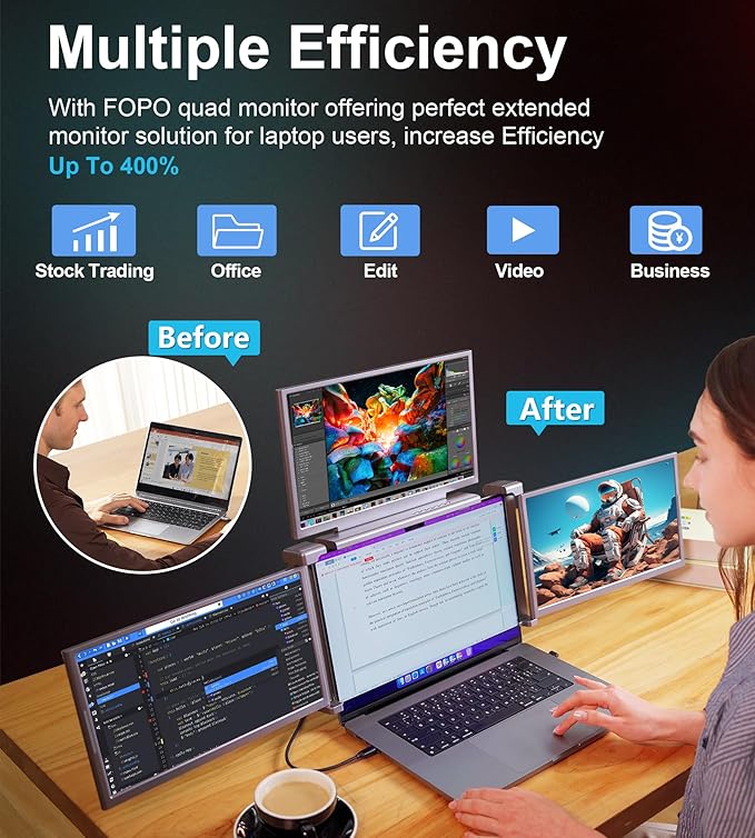 FOPO 14 Laptop Screen Extender Monitor Portable Quad Monitor Just 1 Cable for 3 Screens FHD 1080P IPS Laptop Extender Compatible with Wins/Mac(M1 M2 M3) for 13.6 - 17.3 Laptops