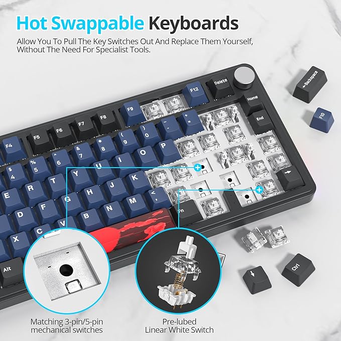 Fogruaden M75 Wireless Creamy 75% Mechanical Gaming Keyboard Hot Swappable Custom RGB Backlit Gasket Pre-lubed Linear White Switches Bluetooth/2.4GHz/USB-C Five-Layer Pad &amp Knob