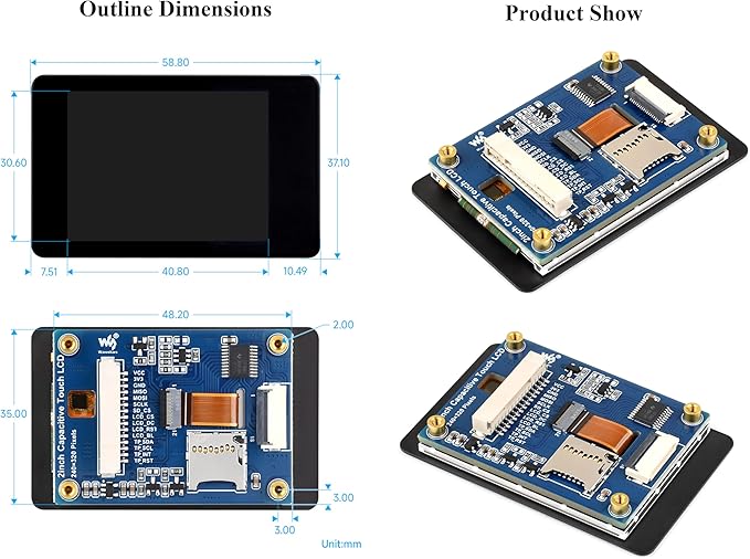 2inch IPS Touch Screen Compatible with Raspberry Pi 5/4B/3B+/3B/Pi Zero/Zero W/Pi Zero 2W/Pico/Pico W/Pico 2/Pico 2W/ ESP32 240x320 Resolution Capacitive Touch LCD Display I2C SPI Interface