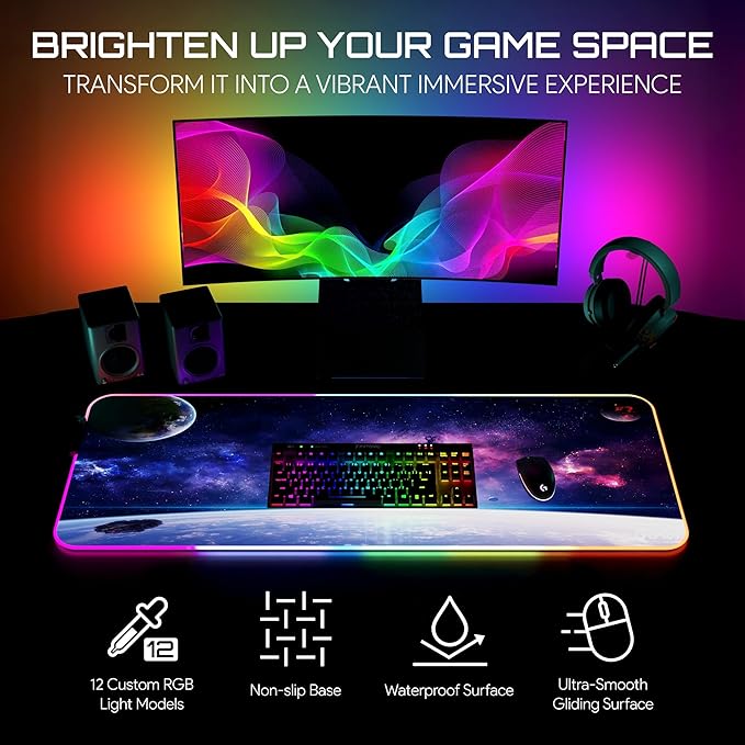 Gerlos RGB Large Gaming Mouse Pad Extended Soft LED Mouse Pad Non-Slip Rubber Base Water Resist Keyboard Pad Computer Mousepad 31.5×11.8 inches
