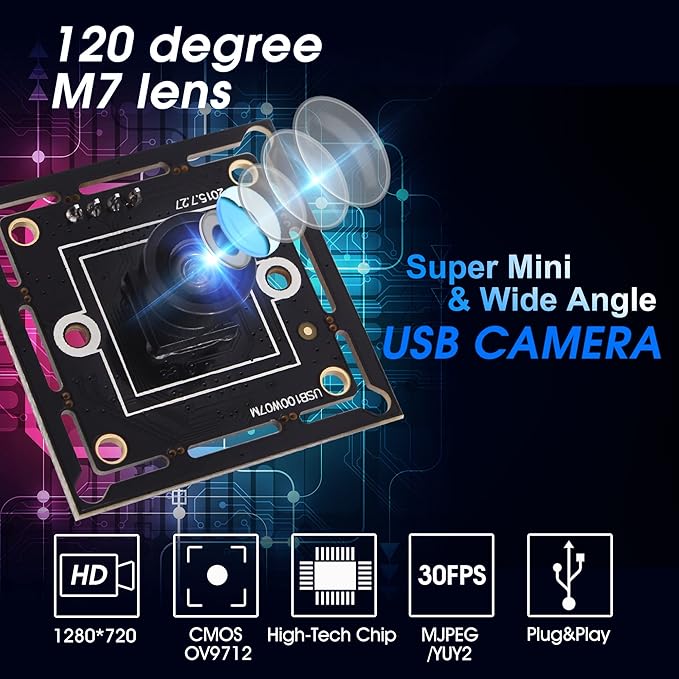 HD High Speed Wide Angle USB Camera Module for Computer 720P 30fps Super Mini UVC USB2.0 Webcam Board with 120degree No Distortion Lens CMOS OV9712 Industrial CCTV PC Camera for Linux Mac Android