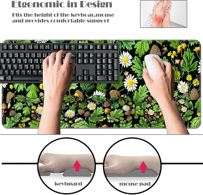 Ergonomic Keyboard Wrist Rest &amp Mouse Pad Wrist Rest SetXL Gaming Desk Mat 31.5x 11.8Non-Slip BaseMemory FoamEasy Typing Pain Relief for Office &amp HomeLeaf and Daisy Pattern