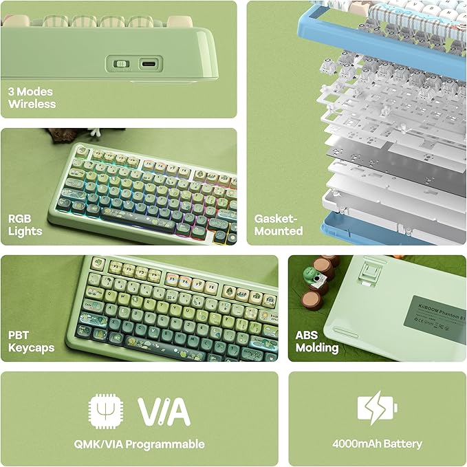 KiiBoom Phantom81 Lite 75% Gasket Mechanical Keyboard QMK&ampVIA Programmable 3 Modes Wireless Gaming Keyboard RGB Backlights ABS Case + UV Tech Hot-Swappable for Windows/Mac/Linux (Green)