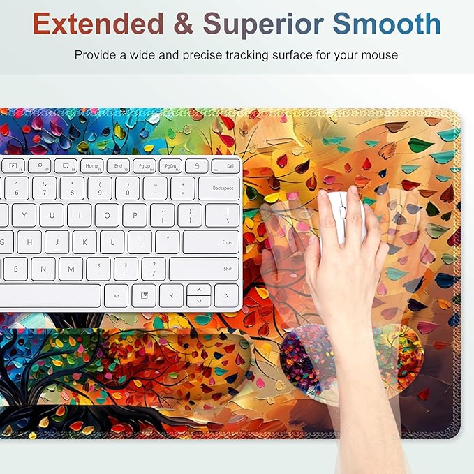 Large Gaming Mouse Pad Set 4 in 1 Ergonomics Keyboard Desk Mat with Memory Foam Wrist Rest Computer Extended Game Mousepad Non-Slip Desk Matt Easy Typing Pain Relief I Colorful Tree Leave