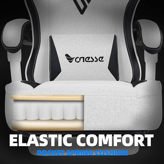 Vonesse Gaming Chair Computer Chair Fabric with Pocket Spring Cushion Office Chair with Footrest and Massage Lumbar Support Reclining Gaming Chairs for Adults 250LBS (Beige White)
