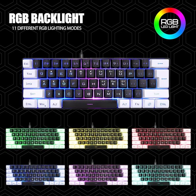 60% Wired Gaming Keyboard Mechanical Feeling Mini Gaming Keyboard RGB Backlit 61 Key Ultra Compact Keyboard Ergonomic Keyboard for Laptop PC (Black)