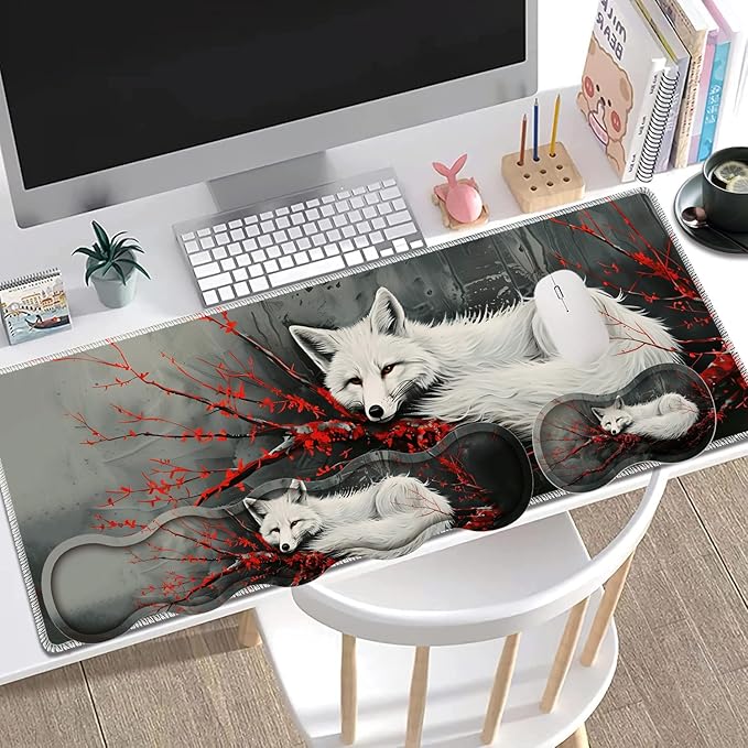 Large Gaming Mouse Pad + Keyboard Wrist Rest + Wrist Support + Coaster Set Memory Foam Ergonomic for Easy Typing XXL Extended Gaming Mouse Pad Table Pad - Red Branch and Fox