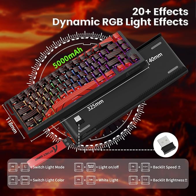 MAMBASNAKE Attack Shark X68PRO HE Rapid Trigger Wireless Keyboard 0.01mm RT Accuracy 8000Hz Wired Gaming Keyboard Adjustable Actuation Snap Tap RGB Backlit Magnetic Switch C01 Coiled Cable -Red