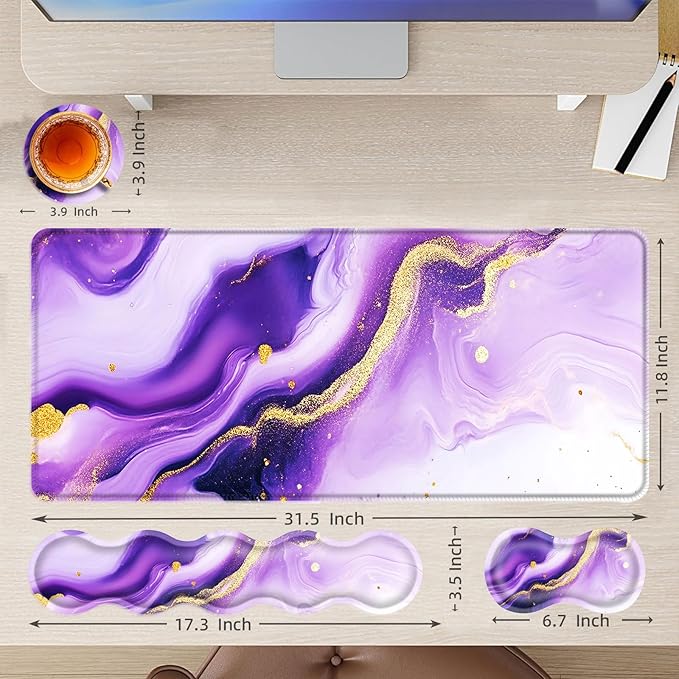 Large Mouse Pad and Keyboard Wrist Rest Desk Pad for Keyboard and Mouse 4-in-1 Large Gaming Mouse Pad with Wrist Support Desk Mat for Home Office Study GamePurple and Gold Marble
