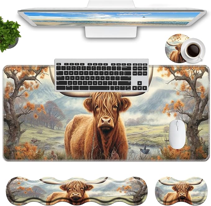 Keyboard Mouse Pad SetLarge Mouse Pad+Keyboard Wrist Rest+Wrist Support+Coaster31.5x11.8in Extended Desk Mat for Computer Laptop Office Home-Highland Cow