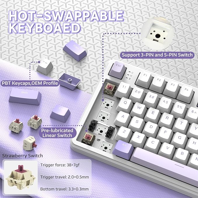 ATTACK SHARK X87 Wireless Mechanical Gaming Keyboard 87 Keys RGB Backlit Gasket Mount PC Gaming Keyboard Compact Hot-Swappable Mechanical Keyboard Sound Absorbing Pads Custom Switch(Purple White)
