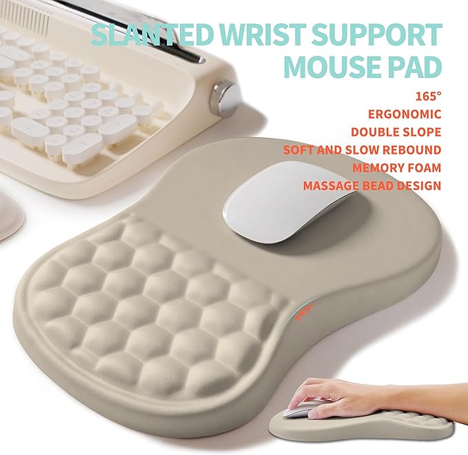 2-in-1 Ergonomic Set Wave Rise Keyboard Wrist Rest and Massage Bulge Slope Mouse Pad Wrist Support Cushion Memory Foam Integrated to Relieve Wrist Pain Apricot