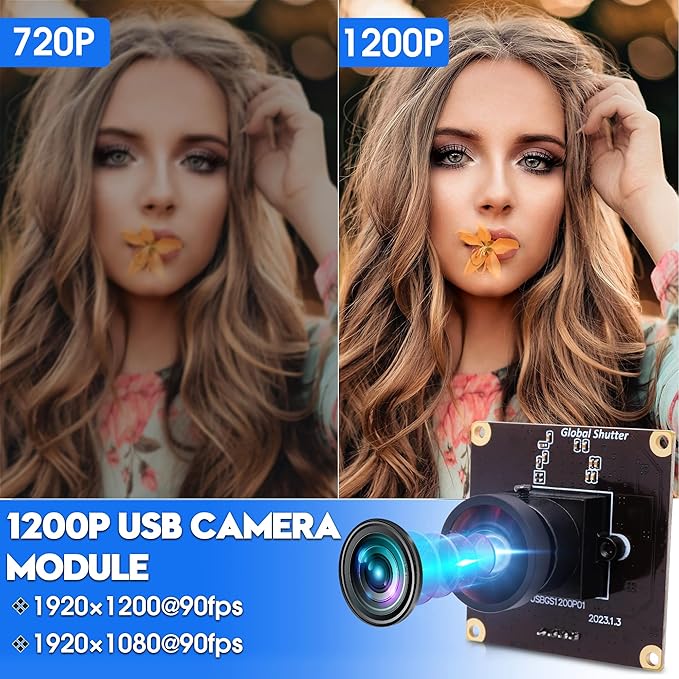Global Shutter USB Camera 90fps High Speed Cam Module 120 Degree No Distortion Lens 1200P Golf Swing Industrial Embedded for Computer Jetson Nano Laptop Raspberry Pi