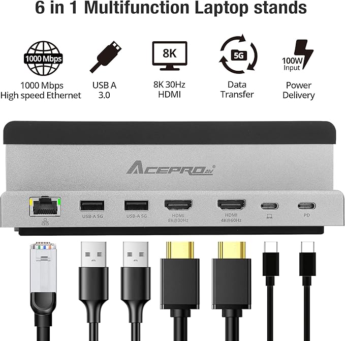 7 Port USB-C 14” Laptop Stand with Dual Display Docking Station Tablet Holder Hub Vertical Storage Desk Organizer/HDMI 8K30Hz USB-A 5Gbps Ethernet 1Gbps 100W Power Delivery Space Gray