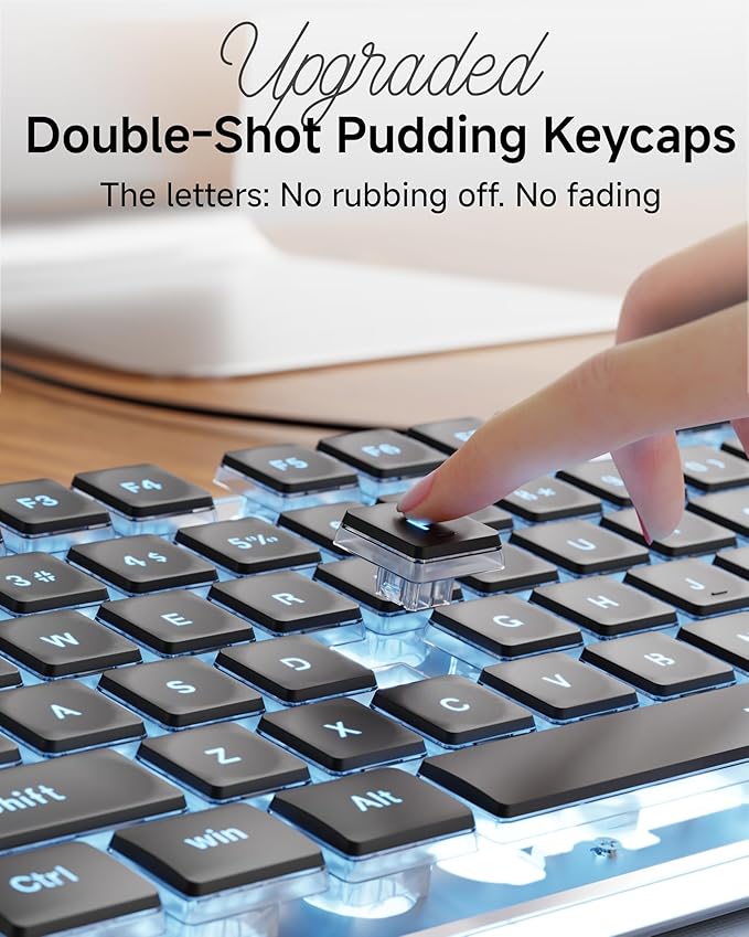 EWEADN GX710S Backlit Computer Keyboards Wired USB Keyboard with Blue Backlit Metal Panel Plug and Play Pudding Keycaps Full Size Quite Computer Keyboard for Win/PC/Laptop-Black