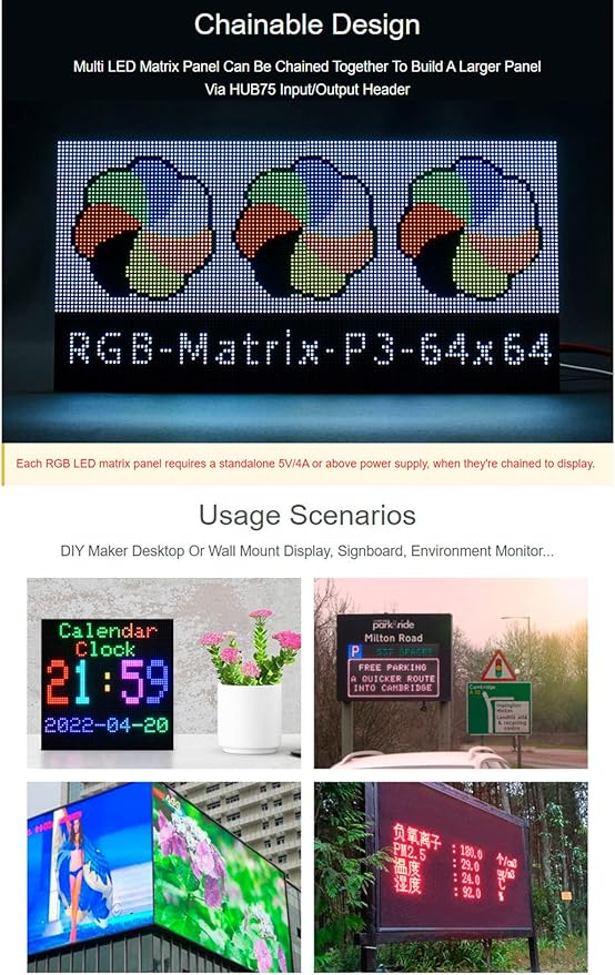 waveshare 64x64 4096 Pixels RGB Full-Color LED Matrix Panel 3mm Pitch Displaying Text/Colorful Image/Animation Adjustable Brightness Chainable DesignCompatible with Arduino/Raspberry Pi