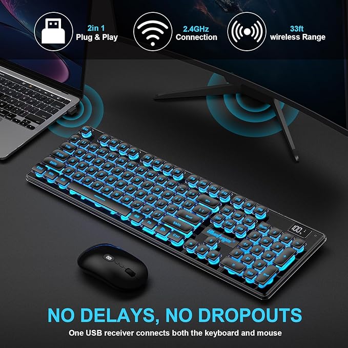 BlueFinger Wireless Gaming Keyboard and Mouse Combo Upgrade Battery Percentage Display Rechargeable Slim Gaming Keyboard Mouse Set Light Up Full-Size Keyboard Silent Mouse Set for Computer Laptop