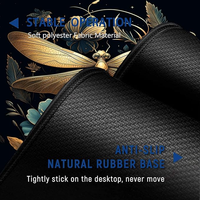 Large Mouse Pad + Keyboard Wrist Rest Set Extended Gaming Mousepad (31.5X11.8 inch) with Non-Slip Rubber Ergonomics Memory Foam Mouse Wrist Rest Support Golden Dragonfly and Flowers XXL Desk Pad