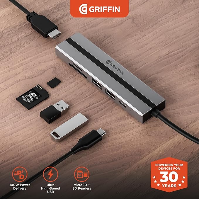Griffin 6-in-1 USB C Hub Multiport Adapter 100W USB C Charging Hub with 4K HDMI SD/TF Card Reader 2 USB-A Ports for Laptop and PC
