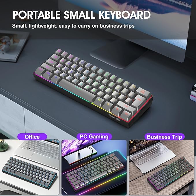 Snpurdiri 60% Wired Gaming Keyboard RGB Backlit Ultra-Compact 61 Keys 60 Percent Mini Gaming Keyboard for PC/Mac Gamer Typist Travel Easy to Carry on Business Trip(Iron Grey)