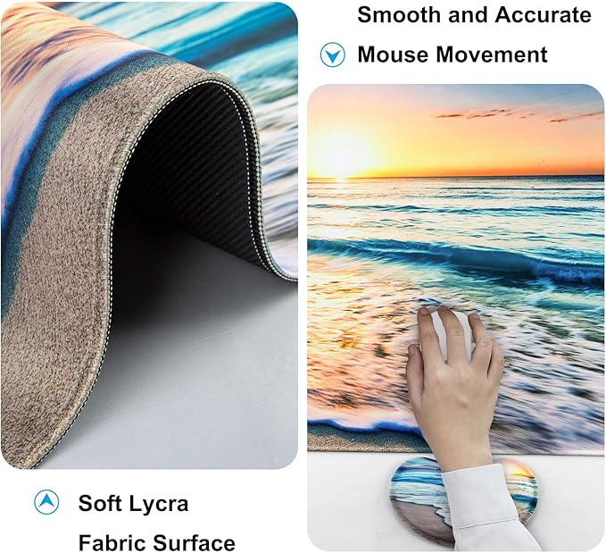 Keyboard Wrist Rest + Mouse Pad with Wrist Support + Desk Mat + Coaster 4 in 1 Set XXL Large Gaming Mousepad Cute Ergonomic Mouse Pads for Desk Computer Laptop Office Decor-Beach