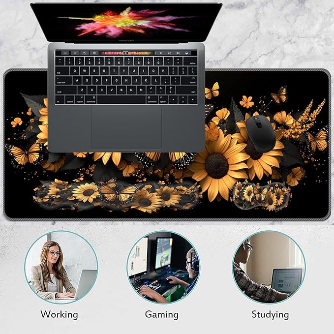 Keyboard Wrist Rest and Mouse Pad Set31.5x11.8 Inches Desk MatWaterproof Non-Slip Ergonomic Wrist Support for Pain ReliefExtended Desk Protector for Office Home GamingButterfly Sunflower