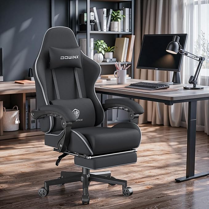 Dowinx Gaming Chair Fabric Big and Tall with Pocket Spring Cushion Massage Game Chair Cloth with Headrest Ergonomic Computer Chair with Footrest 350LBS Black