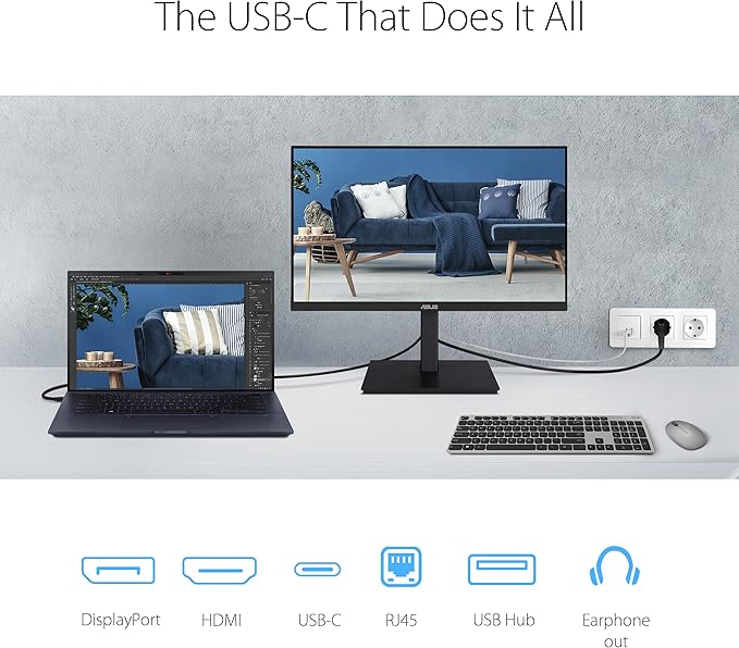 ASUS 23.8” 1080P Docking Monitor (VA24ECPSN) - Full HD IPS 75Hz Adaptive-Sync Speakers Eye Care Low Blue Light Flicker Free USB-C RJ45 HDMI Frameless Height Adjustment VESA Wall Mountable