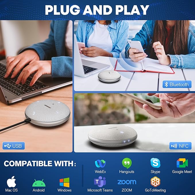Bluetooth Conference Speakerphone M4 Conference Microphone with AI Noise Reduction AI Transcription Full-Duplex 360° Omnidirectional Voice Pickup USB Speaker for Teams Zoom Home Office Gray