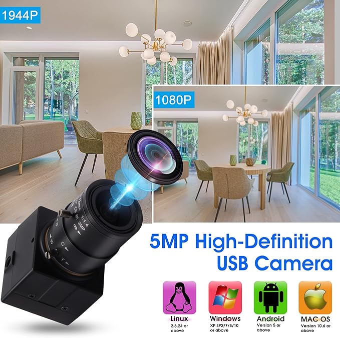 USB Camera 5MP Webcam 4X Variable Focus PC Camera 1944P USB Security Camera UVC CCTV Industrial Close-up Camera for Computer Plug and Play for Mac OS Windows Linux Raspberry Pi Camera