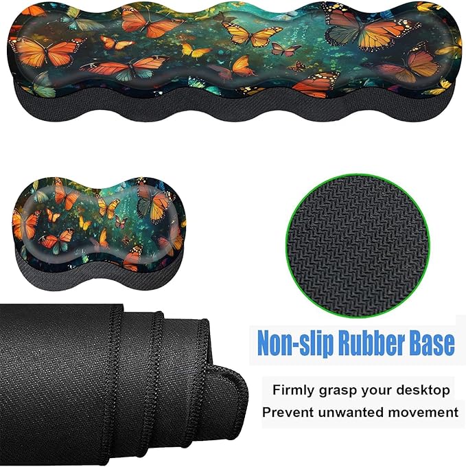Keyboard Wrist Rest and Mouse Pad Set31.5x11.8 Inches Desk MatWaterproof Non-Slip Ergonomic Wrist Support for Pain ReliefExtended Desk Protector for Office Home GamingButterfly