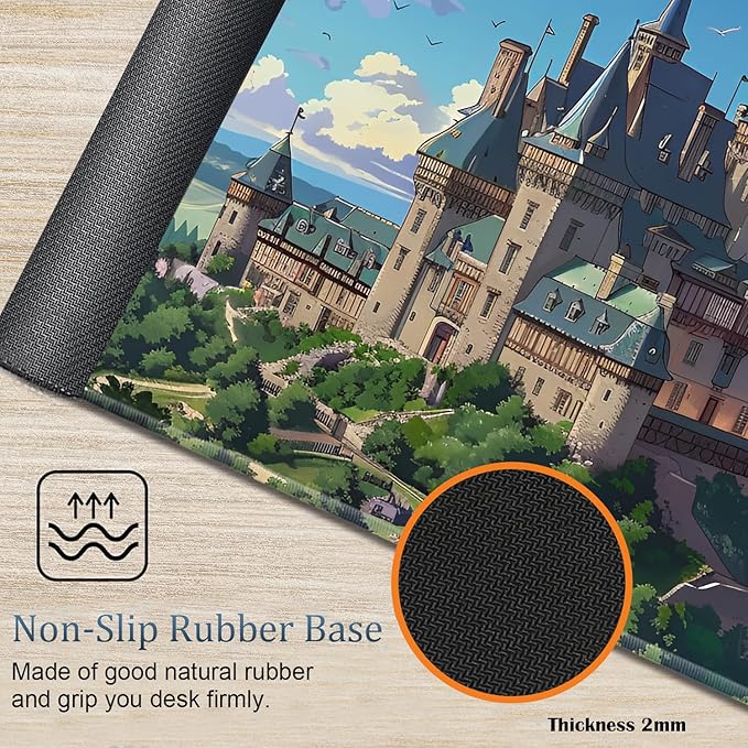 Large Gaming Mouse Pad + Wrist Rest + Lace Coaster Non-Slip Set with Sewn Edges and Waterproof Expandable Desktop Pad Suitable for Office/Home Castle in Forest