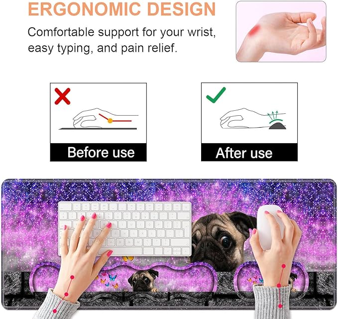 Ergonomic Keyboard Wrist Rest &amp Mouse Pad Wrist Rest Set Large XXL Gaming Desk Mat 31.5x 11.8 with Non-Slip Base Memory Foam Easy Typing Pain Relief for Home &amp Office Cute Pug and Butter