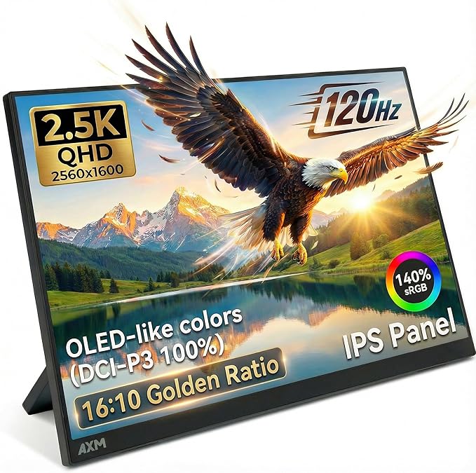 AXM 16 2.5k 2560x1600 Portable Monitor IPS 120Hz 400 Nits 140% sRGB (OLED-Like Colors) USB-C HDMI 2nd Monitor for Switch (Dock-Free) Connection Laptop Windows MacBook Phone Xbox PS5