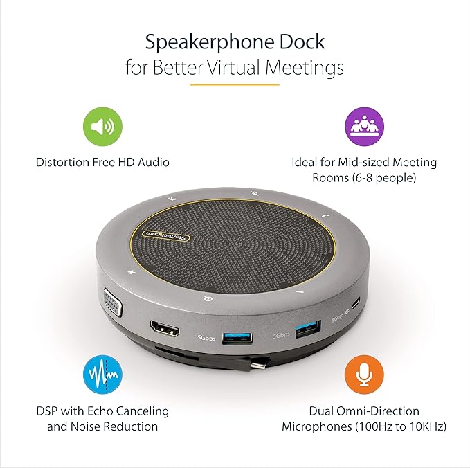StarTech.com USB-C Speakerphone Docking Station for MacBook Pro M1 M2 M3 M4 and Windows 4K 60Hz HDMI or 1080p VGA Video USB 5Gbps Hub 100W Laptop Charging Portable Speaker