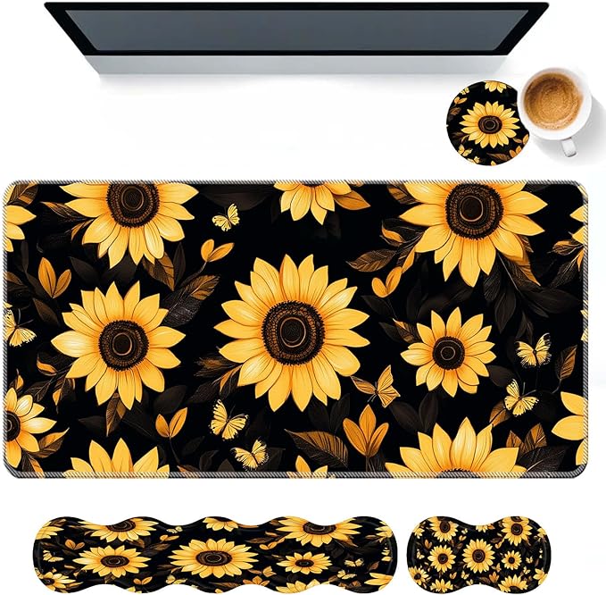 Keyboard Mouse Pad SetLarge Desk Pad+Keyboard Wrist Rest+Mouse Wrist Support+CoasterEasy Typing Pain Relief Non-Slip Wrist Support Mousepad Set Home OfficeSunflowers and Butterflies