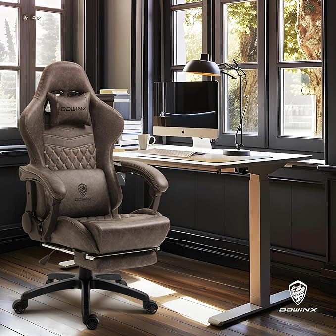 Dowinx Gaming Chair Big and Tall Ergonomic PC Gaming Chair with Footrest &amp Massage Racing Style Reclining Computer Chair for Adults 400LBS Capacity - Heavy Duty Gamer Chair (Brown)