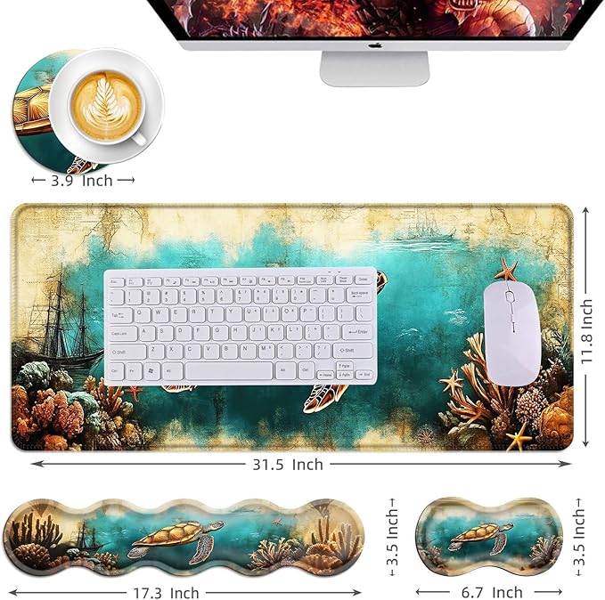 Mouse PadLarge Desk Mat Set 4in1 XL Mousepad + Keyboard Wrist Rest+Mouse Wrist Rest+Coaster with Ergonomic Desk Pad for Home Office Table Computer Cover -Sea Turtle with Coral and Ship