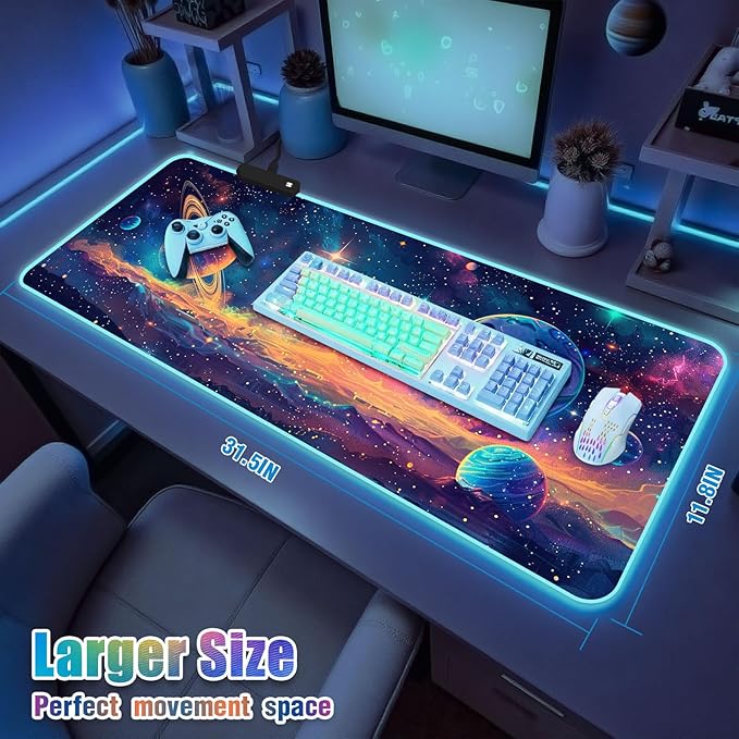 RGB Mousepad Led Mouse Pad Desk Mat I 31.5 x 11.8 Inch Large Mouse Pad I XL Oversized Big Mouse mat 14 Led Light Modes I Anti-Slip Rubber Base Waterproof Keyboard Pad for PC Gaming I Colorful Planet