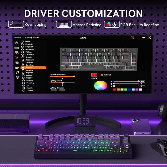 COSTOM WK75 75% Wireless Gaming Mechanical KeyboardBT5.0/2.4GHz/USB-C Hot Swappable Pre-lubed Custom Linear SwitchesGasket StructureRGB Backlit Keyboard for PC/Laptop/Xbox/PS4/PS5 (Purple)