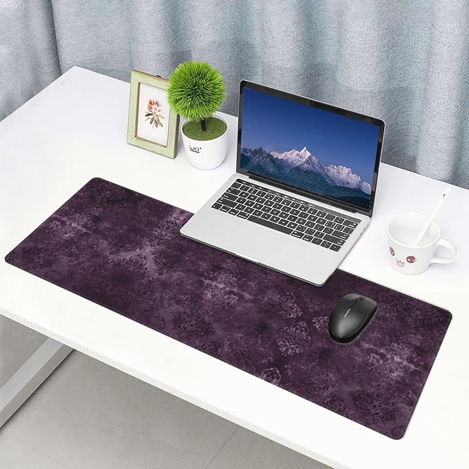 Eggplant Velvet Damask Plum Purple Floral Large Mouse Pad 31.5x12 Inch Gaming Desk Mat XXL Non-Slip Rubber Base Computer Pad with Durable Stitched Edges for Work and Play