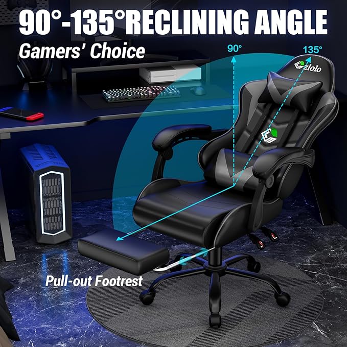 Gaming Chair with Footrest Racing Style Lumbar Support Massager Video Game Chair with Metal Legs High Back Reclining Gamer Chair with Headrest 360° Swivel Office Computer Desk Chair (Gray)