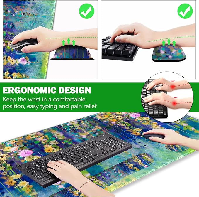 ARTSO Large Gaming Mouse Pad Set Keyboard Wrist Rest Support + Mouse Wrist Cushion + Extended Mousepad + Coaster 35x15.5in Multifunctional Desk Mat 4pcs Oil Painting Flowers