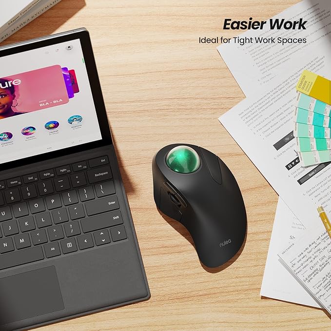 Nulea Wireless Ergonomic Trackball Mouse Rechargeable Bluetooth Rollerball Mouse 44mm Index Finger Trackball 5 Adjustable DPI Compatible with PC Laptop iPad Mac Windows Android